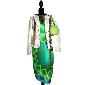Desigual Green Patterned Knit Dress Size S Arty Euro Y2K Bodycon
